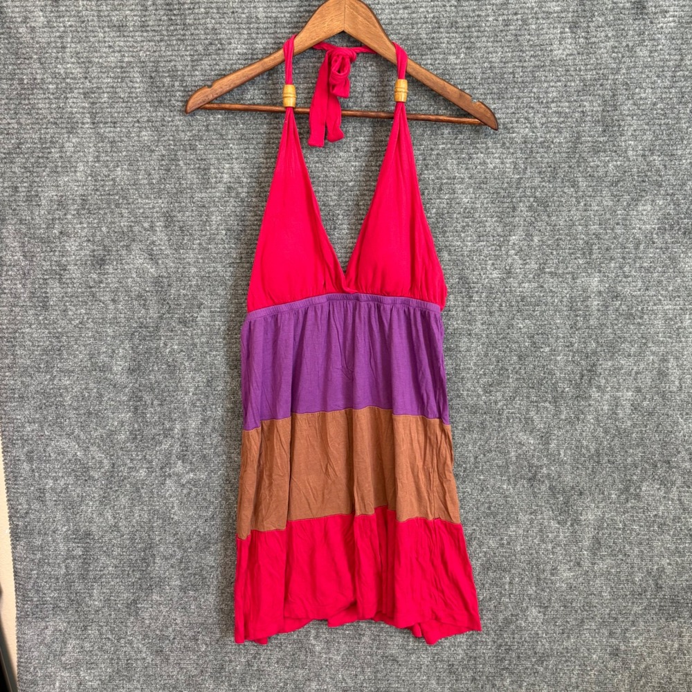 Y2K Rampage Women Pink Purple Colorblock Halter Mini Dress Wood Bead Detail Sm